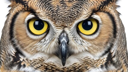 Fototapeta premium Close-up of a brown owl with yellow eyes looking directly at the camera