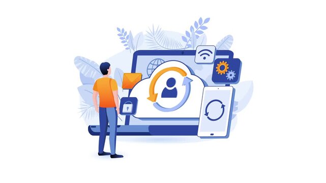 Animated man managing cloud account sync and security on laptop and smartphone