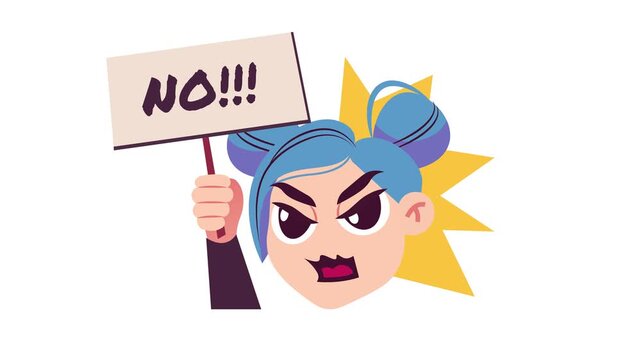 Angry cartoon protest girl holding no sign in animated flat style