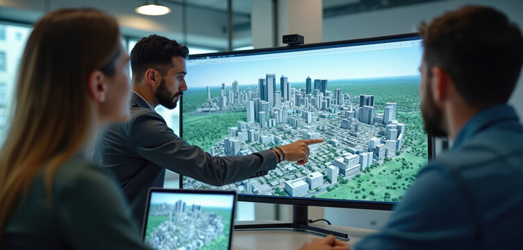 Diverse team uses GIS software on large screen, analyzing city model. Man points to digital town plan on monitor, planning urban development. People collaborate on building project.