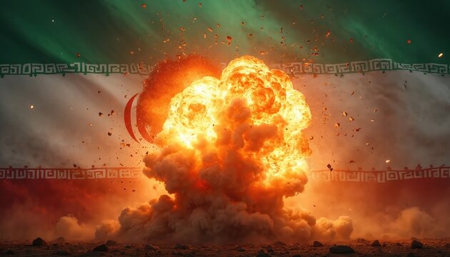 Massive fireball explosion erupts on Iranian flag background. Fiery blast expands with debris flying outwards in smoky haze. Intense power display against national emblem.