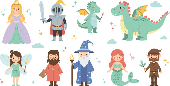 Cute fantasy character collection featuring princess, knight, dragons, wizard, mermaid, and fairy in flat vector style for children storybooks, games, and magical themed birthday party invitations