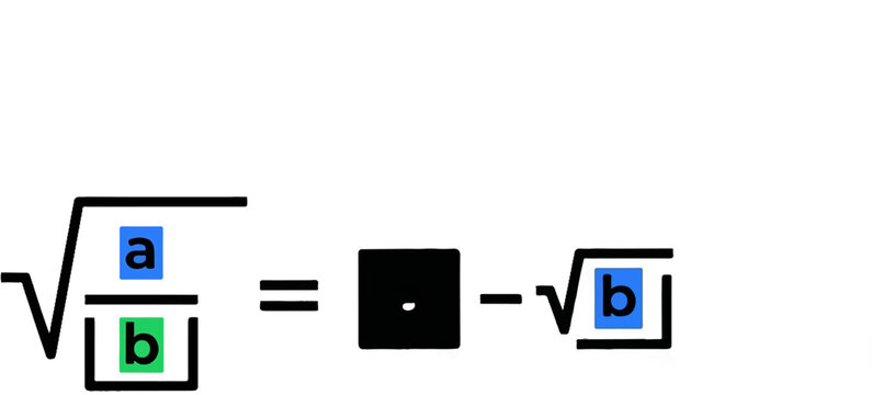 Mathematical equation showing square root of a fraction equals black square minus square root of b