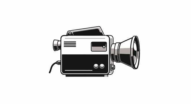 Retro movie camera with lens and handle, black and white