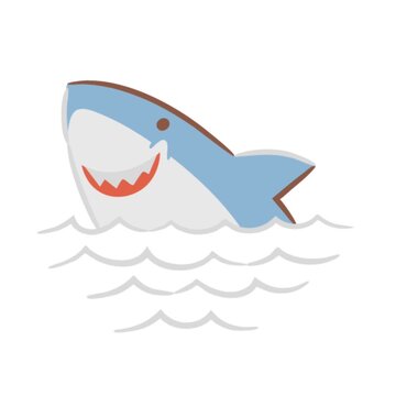 Animated cartoon shark jumping from water with open mouth in simple style