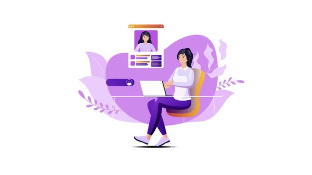 Woman attending online job interview on laptop in flat vector animation