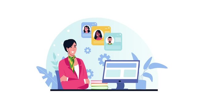 Animated woman managing online profiles at computer in modern office