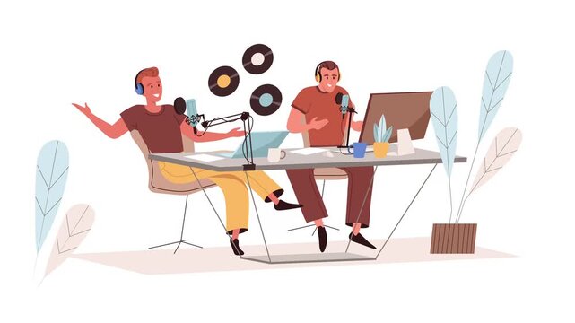 Podcast host and guest recording conversation in studio animation
