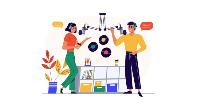 Animated podcast hosts recording conversation in modern studio with microphones