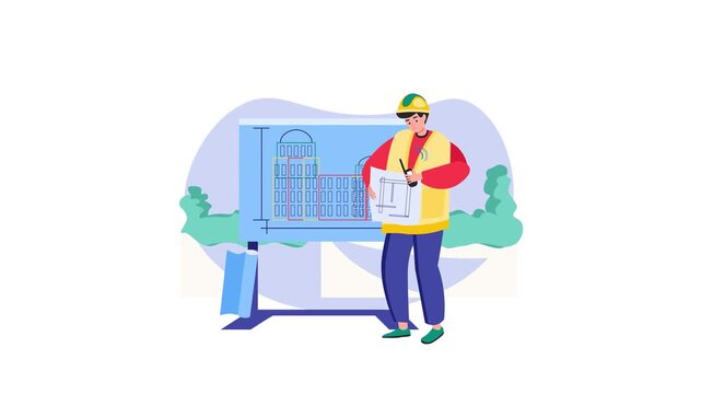 Animated architect reviewing building blueprint at construction site