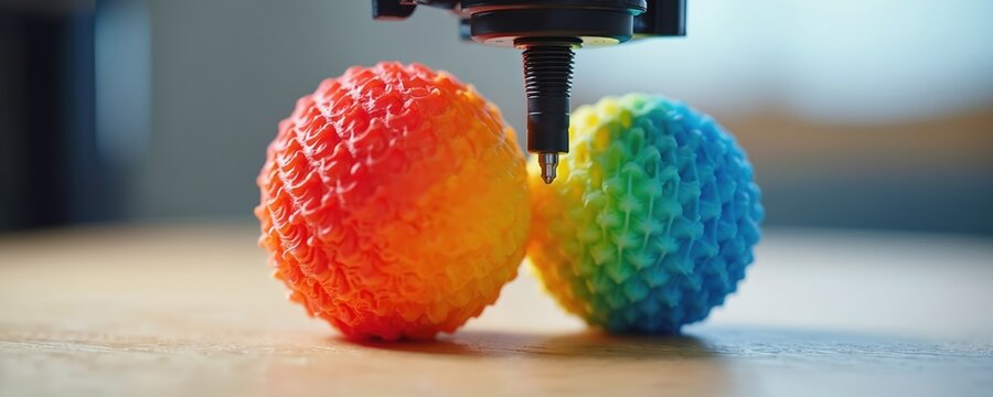 3D printer creates vibrant rainbow spheres. Additive manufacturing builds intricate objects. Technology progresses, enabling complex geometric forms and future designs.