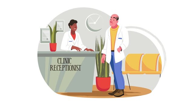 Animated clinic receptionist greeting patient in modern medical waiting room
