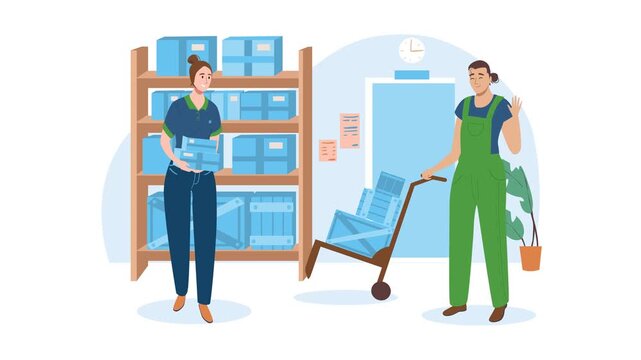 Warehouse workers moving boxes with hand truck in storage room illustration