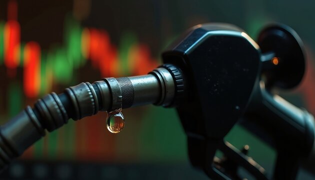 Gasoline nozzle with fuel drop drips. Blurred background shows red and green price graph. Oil market fluctuates with energy costs impacting economy.