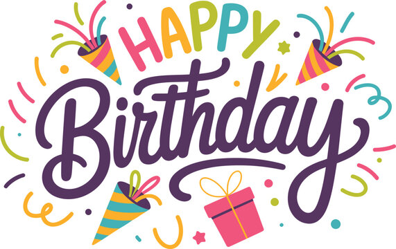 Happy birthday festive lettering with confetti and party poppers celebration design.