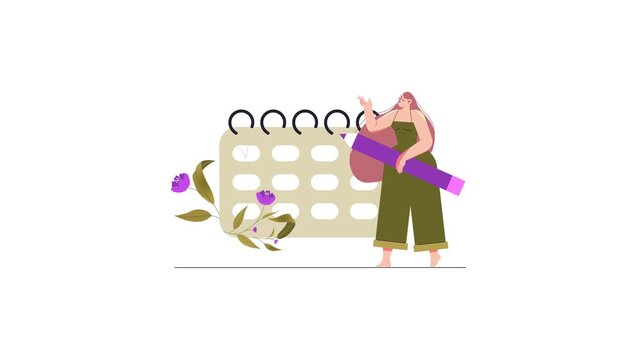 Woman holding pencil beside save the date calendar floral vector animation