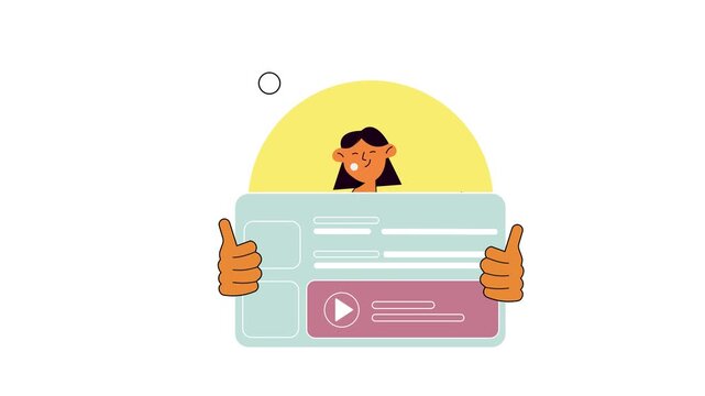 Animated flat illustration of woman holding social media video card