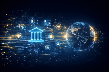 Fototapeta premium Global digital banking concept with glowing blue and gold symbols earth and financial icons on a dark background