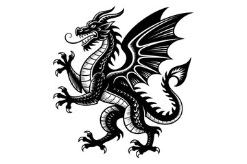Fototapeta premium A black dragon vector illustration with wings spread wide on a white background