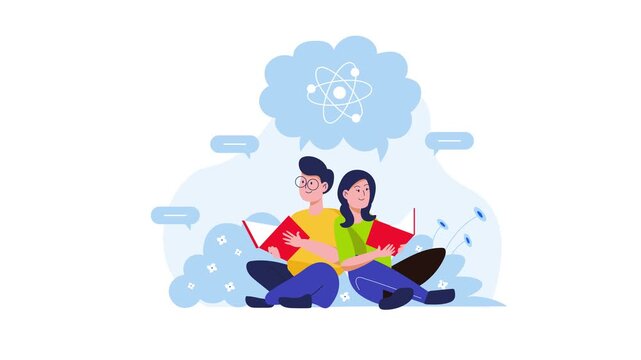 Animated flat vector of two students studying science with speech bubbles