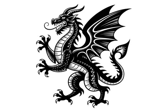 A black dragon vector illustration with wings spread wide on a white background