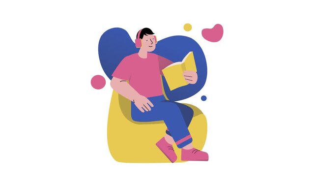 Person reading book with headphones in colorful animated vector illustration