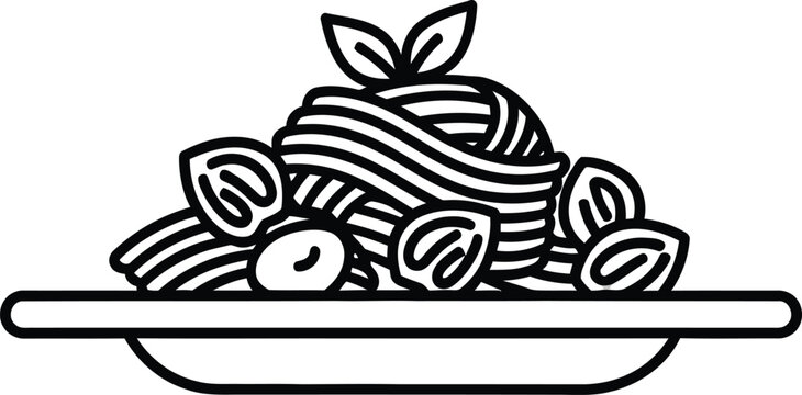 Delicious spaghetti pasta with olives and basil leaves on plate, outline food icon, vector art