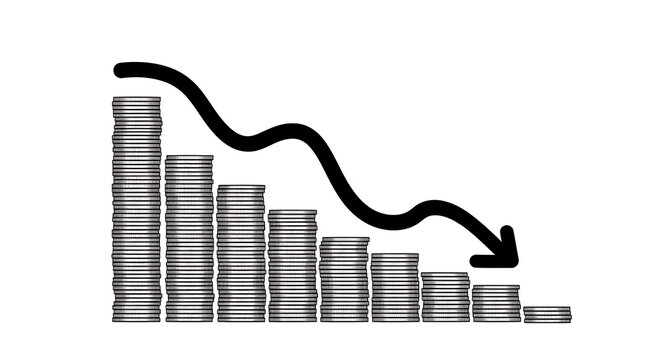 Hand drawn sketch of declining coin stacks with downward pointing arrow representing financial loss, economic recession, stock market crash, and business profit decrease on white background