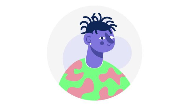Animated portrait of smiling Black teen with dreadlocks and colorful shirt
