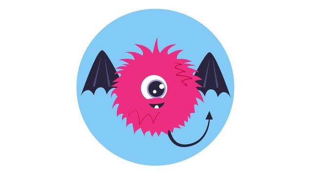 Playful pink one-eyed monster cartoon with bat wings and tail on blue circle