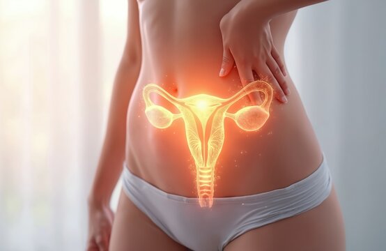 Female pelvis internal organs illustrated glowing orange showing reproductive system, potential fibroids. Medical graphic highlights uterus ovaries anatomy for health awareness, science education.