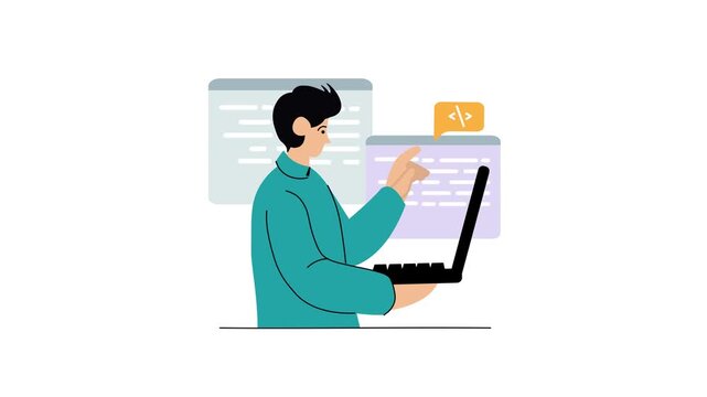 Programmer coding on laptop with code windows and animation concept