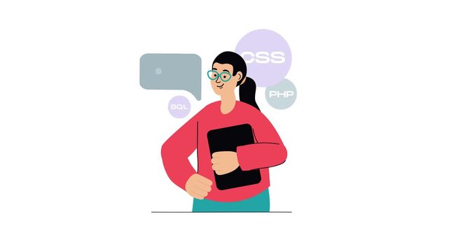 Animated female programmer holding tablet with coding icons on white