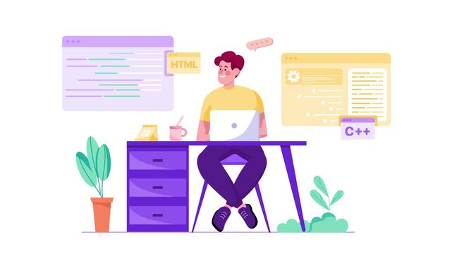 Animated programmer at desk coding with HTML and C++ interface