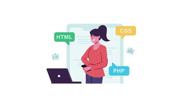 Animated female web developer with HTML, CSS and PHP coding concept