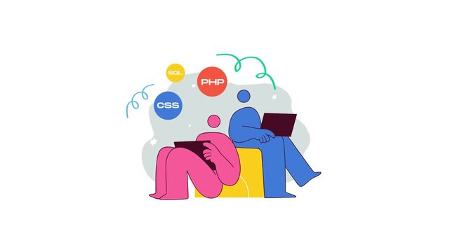 Animated web developers working on laptops with PHP, CSS and SQL