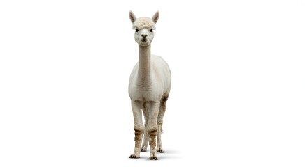 Naklejka premium A white alpaca stands facing forward on a white background animal mammal