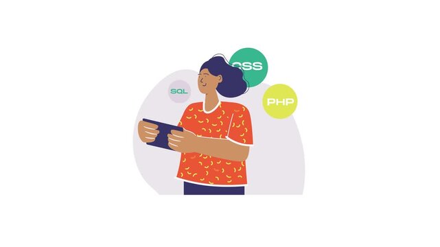 Animated woman using tablet with CSS SQL and PHP code bubbles