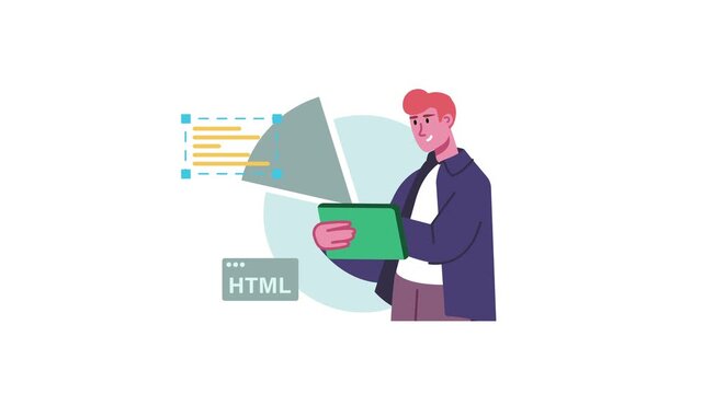 Animated web developer holding tablet with HTML code and data chart