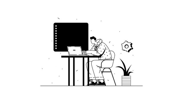 Animated programmer coding on laptop with API interface and gear icons