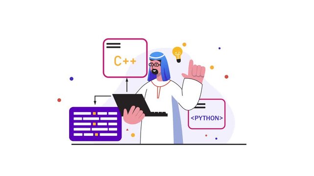 Animated programmer with laptop, C++ and Python code concept illustration