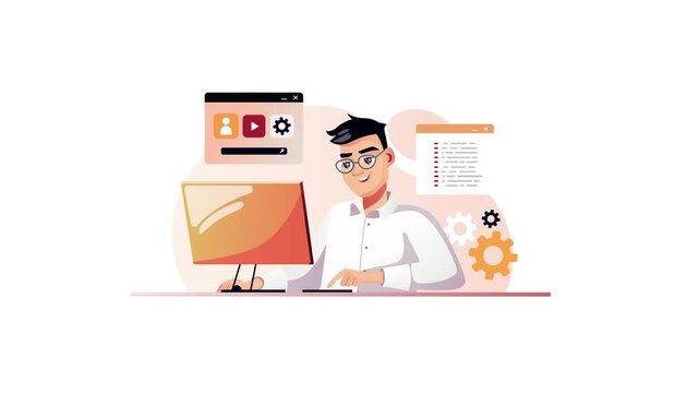 Animated software developer working at desktop computer with interface windows