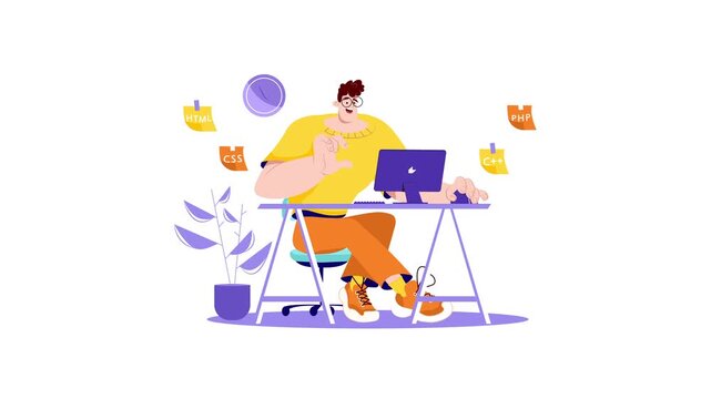 Animated programmer at desk coding with laptop and floating language icons