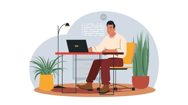 Animation of programmer working on laptop in modern home office with plants