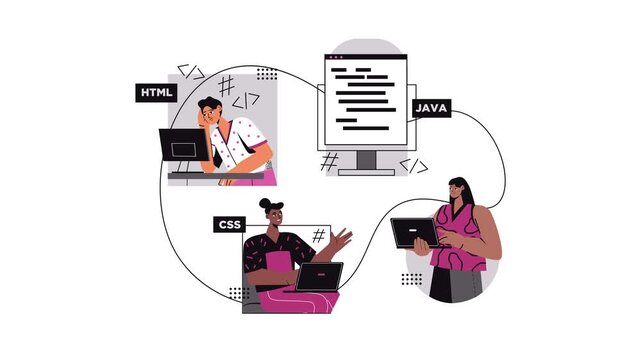 Animated diverse developers coding HTML CSS and Java in modern workspace