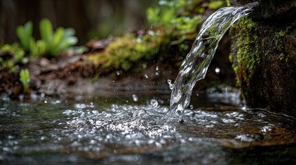 Fototapeta premium A close-up view of a clear stream flowing through a forest in spring, with fresh water emerging from the source 