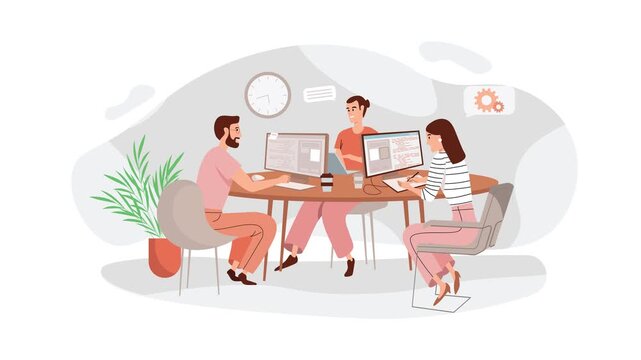 Animated team collaborating on software development in modern office