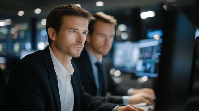 IT security team in server room examining ransomware encryption patterns on monitors, backup systems highlighted, disaster recovery protocols displayed, urgent nighttime atmosphere, ideal for cybers