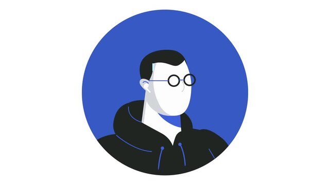 Animated flat vector portrait of young man with glasses and earphones