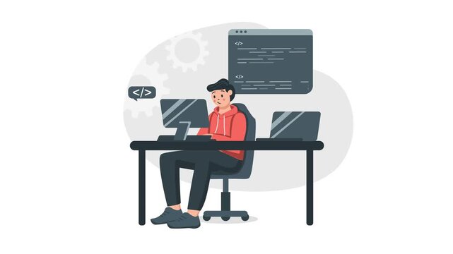 Animated young programmer coding at desk with laptop and code windows